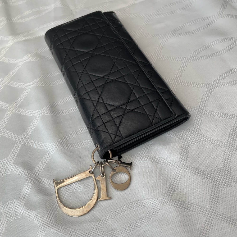 CHRISTIAN DIOR Lady Dior Cannage Flap Wallet Leather Black Silver